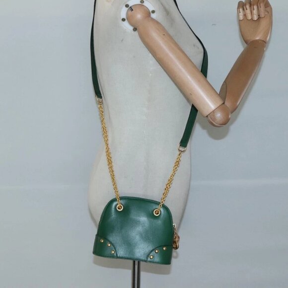 CELINE Chain Shoulder Bag Leather Green Gold Auth - Picture 1 of 16